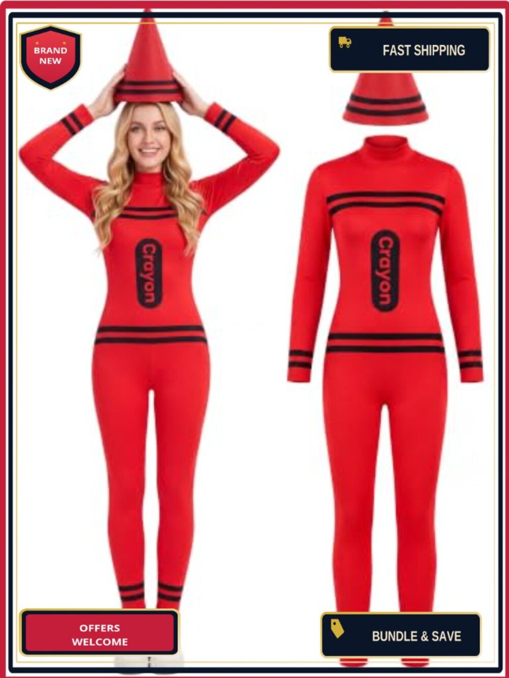 Women's Crayon Bodysuit Costume with Gnome Cone Hat Halloween Cosplay